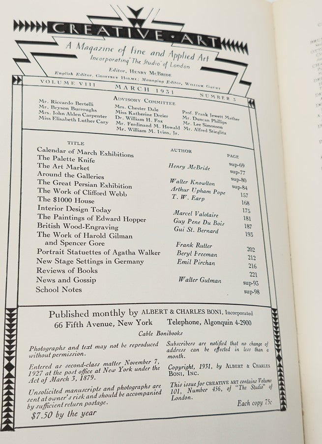 Table of contents page from VTG Creative Art Magazine March 1931, listing articles and features including work by Harold Gilman.