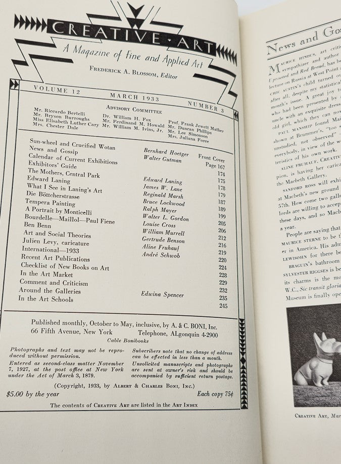 Interior page of VTG Creative Art Magazine March 1933 listing contents including Sun-wheel and Crucified Wotan.