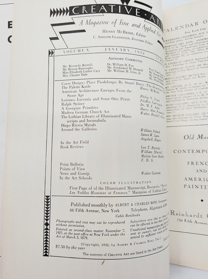 Interior page of VTG Creative Art Magazine January 1932 showcasing the editorial committee and contents of the issue, highlighting artistic themes.