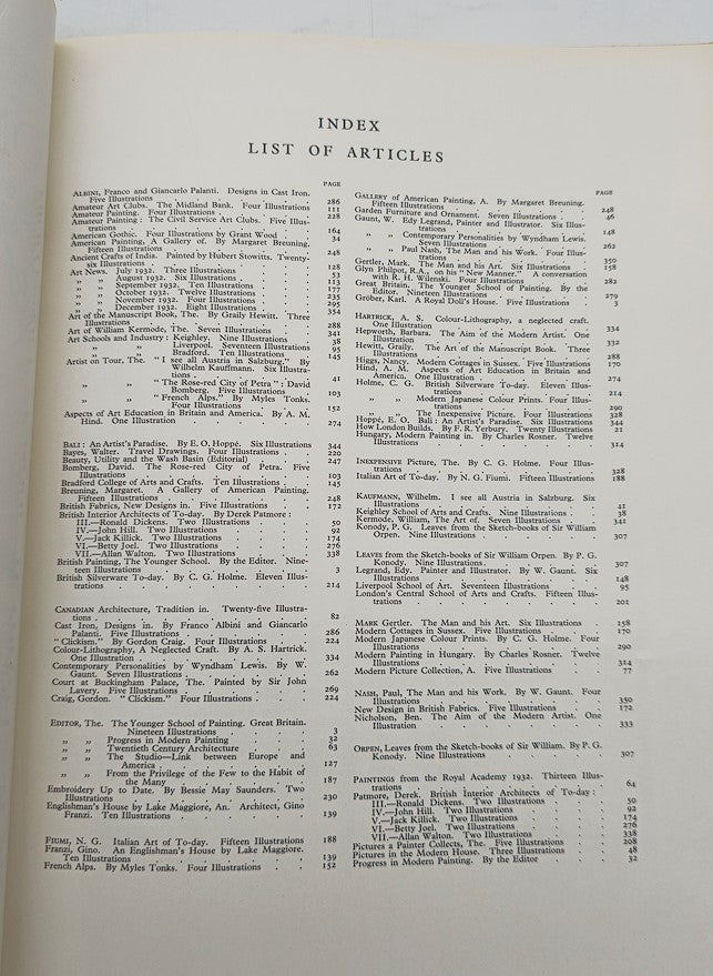 Index page from VTG The London Studio Magazine January 1933, listing various articles and illustrations that reflect the artistic trends of the early 20th century.