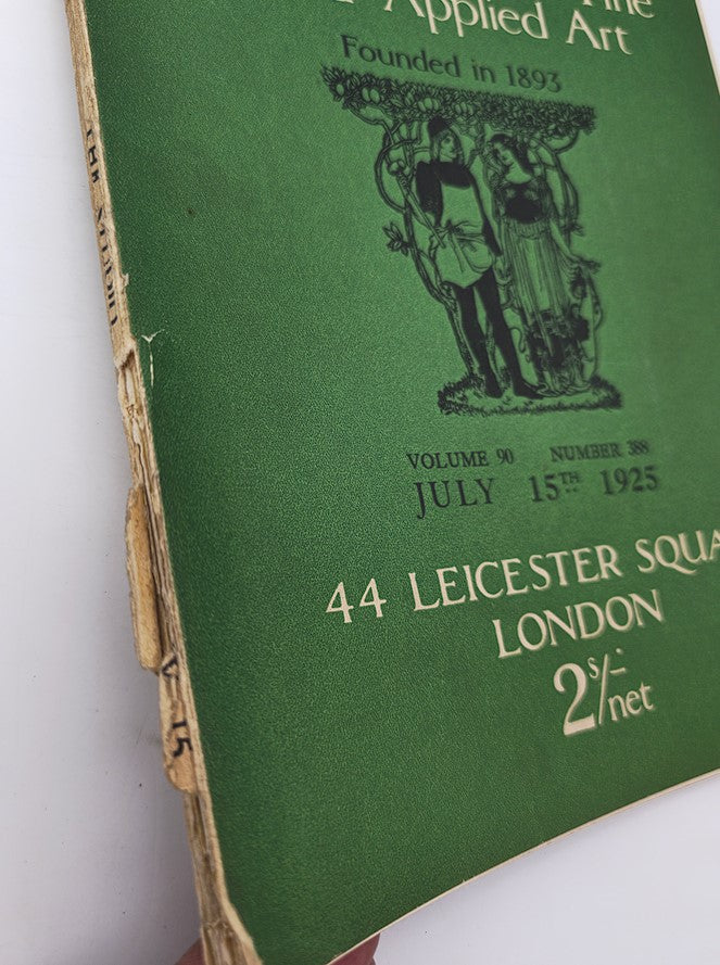 Side view of the cover of VTG The Studio Magazine July 15 1925 Vol 90 #388 showing details of the spine and the vintage green cover.