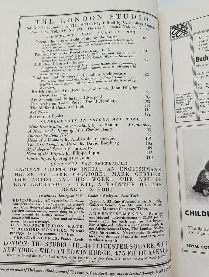 Contents page of VTG The London Studio Magazine August 1932, listing articles and features, including paintings from the Royal Academy.