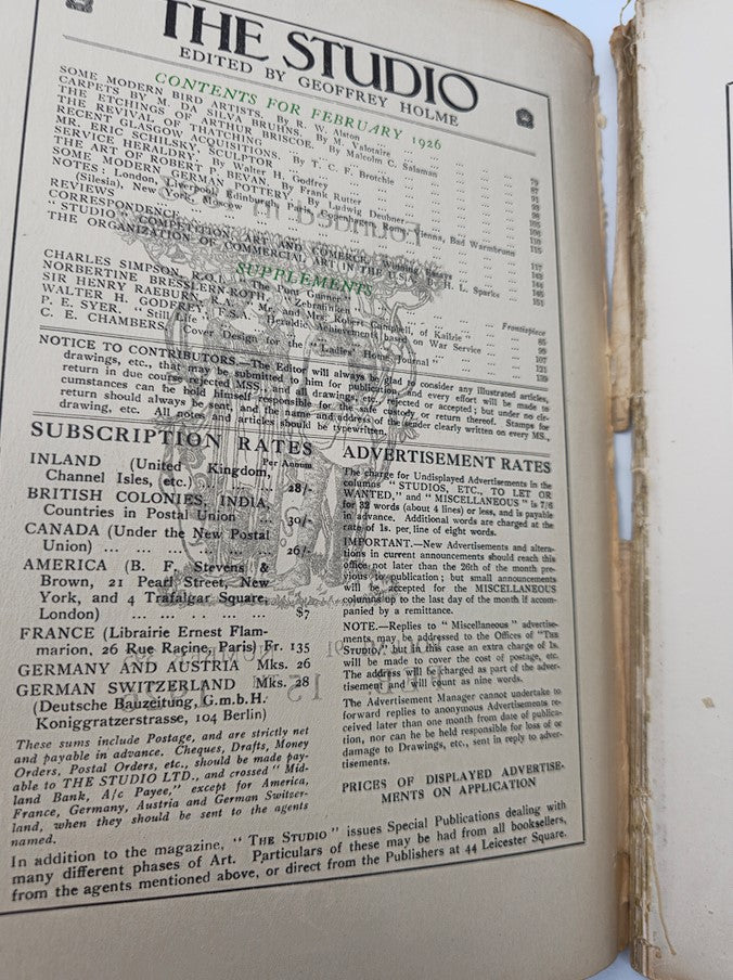 Table of contents page from VTG The Studio Magazine February 15 1926 The Countess of Errol, showcasing articles and features from that edition.