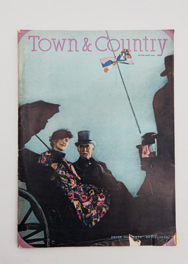 VTG Town & County Magazine April 1936 cover featuring a couple elegantly seated in a carriage, showcasing 1930s fashion and charm.