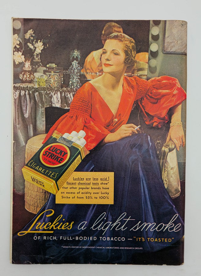 Advertisement for Lucky Strike cigarettes featuring a glamorous woman in a red blouse, illustrating marketing style from the 1930s, included in VTG Town & County Magazine April 1936.