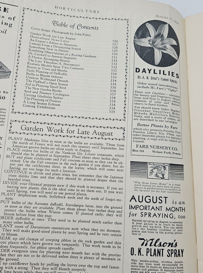 Table of contents page from the VTG Horticulture Magazine August 15, 1936, listing articles on gardening techniques, plant care, and features including 'Garden Work for Late August'.