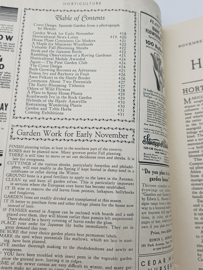 Table of Contents from the VTG Horticulture Magazine November 1, 1936, highlighting various gardening articles and tips for the month.