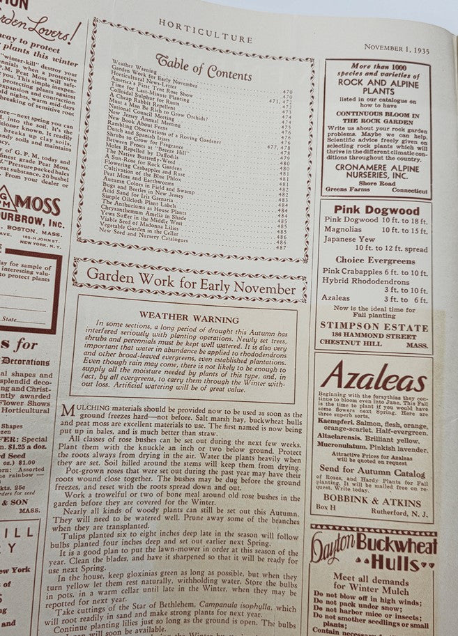 Inside page of VTG Horticulture Magazine November 1 1935 showing the table of contents and gardening tips for early November.