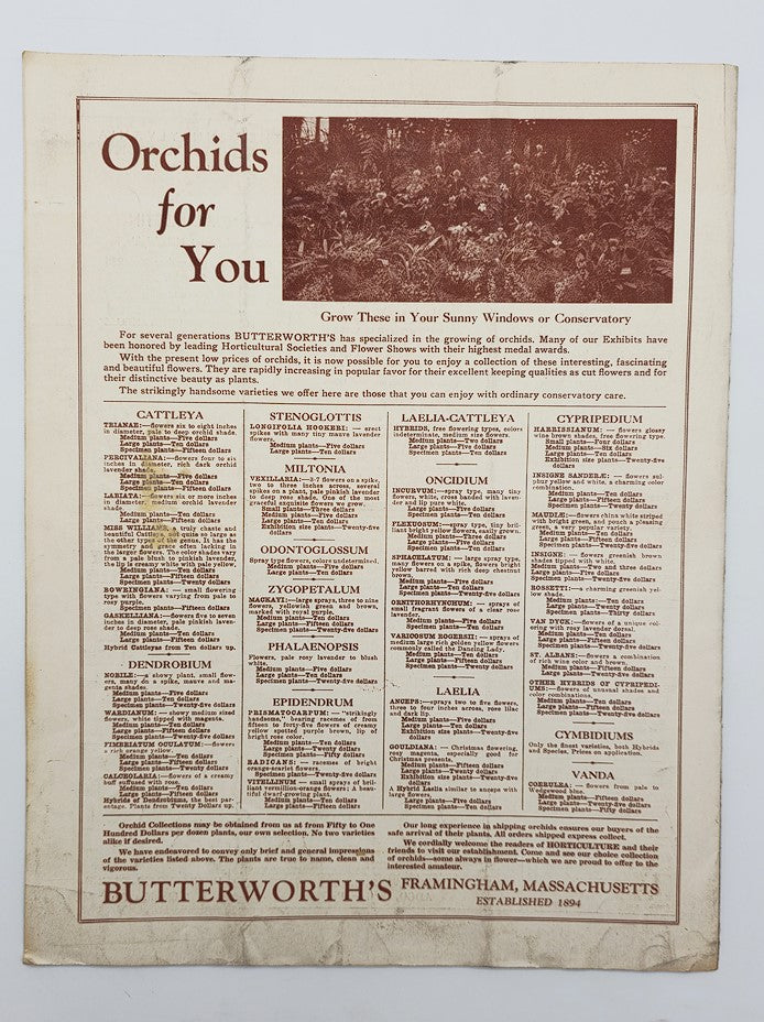 VTG Horticulture Magazine November 1 1935 featuring an advertisement for orchids, titled 'Orchids for You' from Butterworth's of Framingham, Massachusetts, showcasing various orchid types and care instructions.