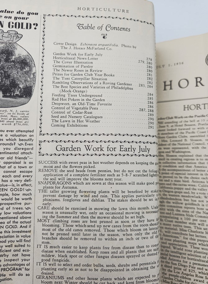Table of contents page from the VTG Horticulture Magazine July 1, 1936 detailing articles on gardening topics, including Echinacea Angustifolia.