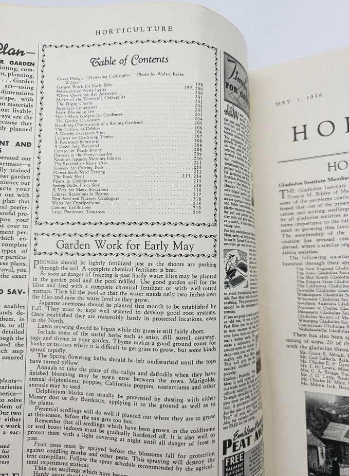 Inside page of VTG Horticulture Magazine May 1, 1936 displaying the Table of Contents and article sections, including gardening tips for early May.