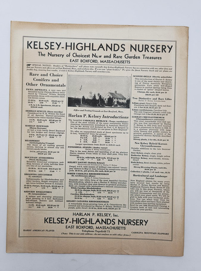 Vintage advertisement from VTG Horticulture Magazine dated May 1, 1936, showcasing Kelsey-Highlands Nursery in East Boxford, Massachusetts, featuring rare garden treasures and ornamental plants.