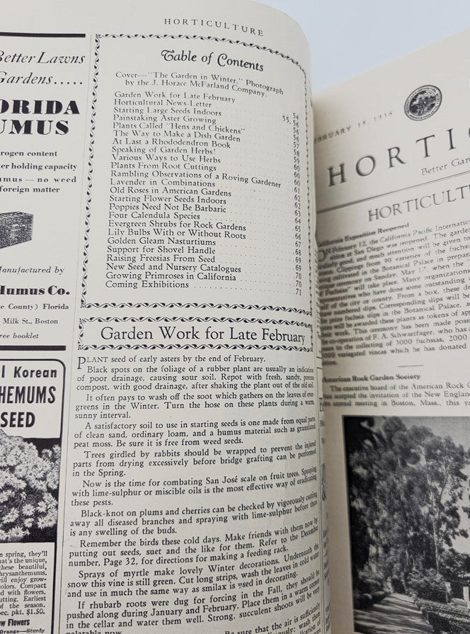 Table of Contents from the VTG Horticulture Magazine February 15 1936 The Garden in Winter, highlighting articles on winter gardening and horticultural advice.