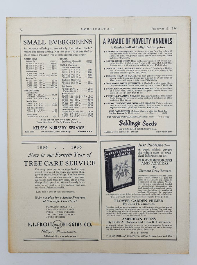 Back cover of the VTG Horticulture Magazine February 15 1936 The Garden in Winter, featuring advertisements for gardening services and products.
