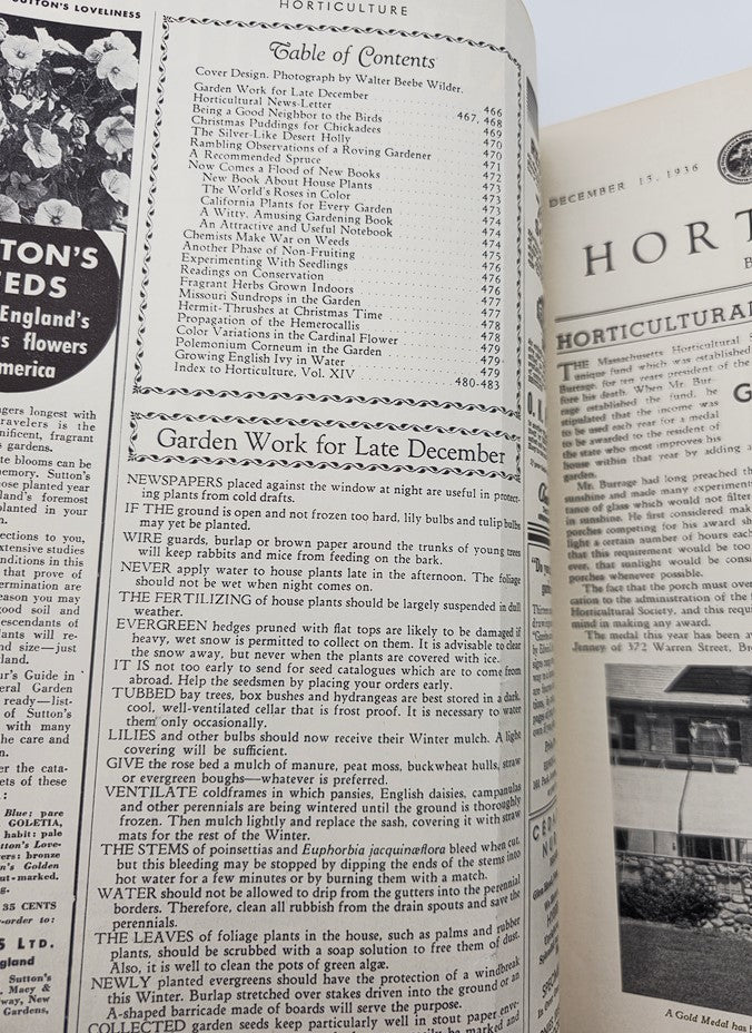 Table of Contents page from the VTG Horticulture Magazine December 15, 1936, listing articles on gardening tips and plant care.