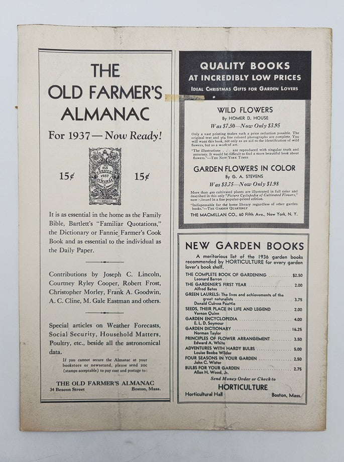 Back cover of the VTG Horticulture Magazine December 15, 1936, advertising books and resources for garden enthusiasts including 'Old Farmer’s Almanac' and other gardening titles.