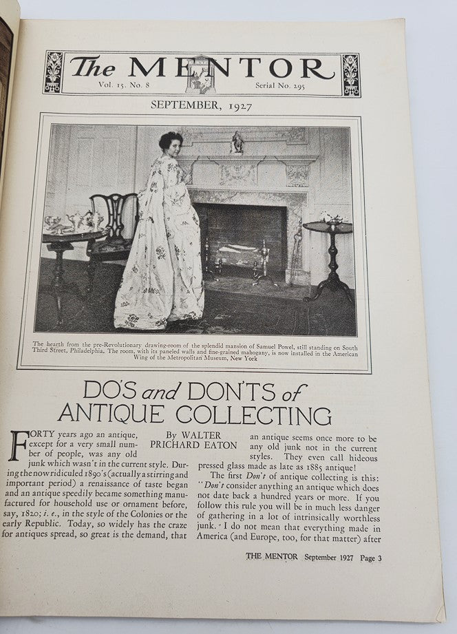 Vintage The Mentor Magazine September 1927 Vol 15 #8 featuring an article on Do's and Don'ts of Antique Collecting, showcasing a woman in elegant attire in a classic interior setting.