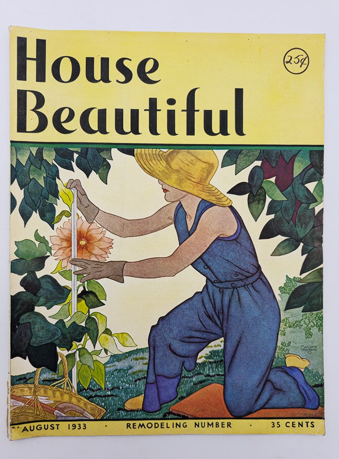 Cover of VTG House Beautiful Magazine August 1933 Vol 74 #2 featuring a woman in a sunhat kneeling in a garden, planting a flower. The vibrant illustration showcases gardening themes relevant to the issue's topic 'What Shall I Plant,' embodying the charm of vintage home and garden aesthetics.