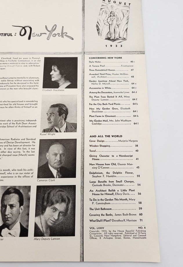 Table of contents from the VTG House Beautiful Magazine August 1933, Vol 74 #2, featuring articles on gardening and home design, including topics like 'What Shall I Plant' and notable contributors such as Elizabeth Shackleton and Russell Wright.