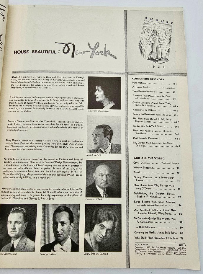 Table of contents from VTG House Beautiful Magazine August 1933, Vol 74 #2, including notable contributors and features related to home design and decor.