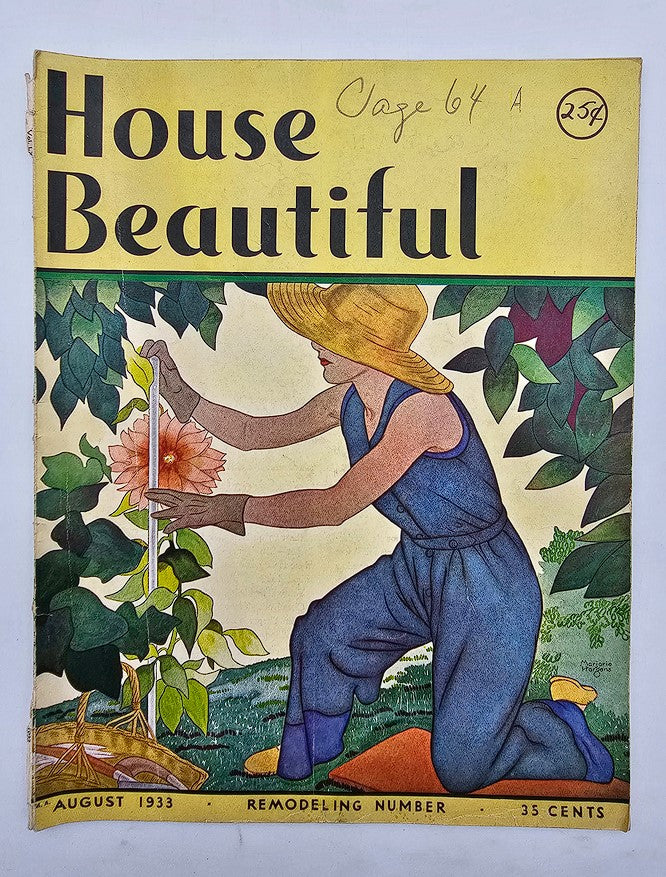 Cover of VTG House Beautiful Magazine August 1933 Vol 74 #2 featuring a woman planting flowers, illustrating gardening themes of the era.