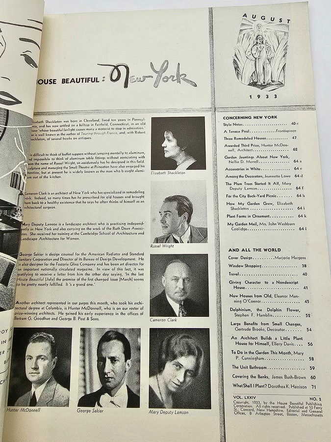 Interior page of VTG House Beautiful Magazine August 1933 Vol 74 #2 showcasing profiles of designers and artists, reflecting early 20th century design aesthetics.