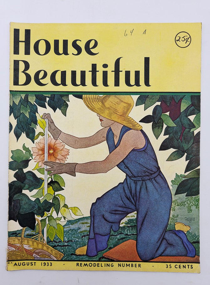 Cover of VTG House Beautiful Magazine August 1933, featuring a woman in a yellow hat gardening with flowers, representing the theme of City-Backyard Picnic.