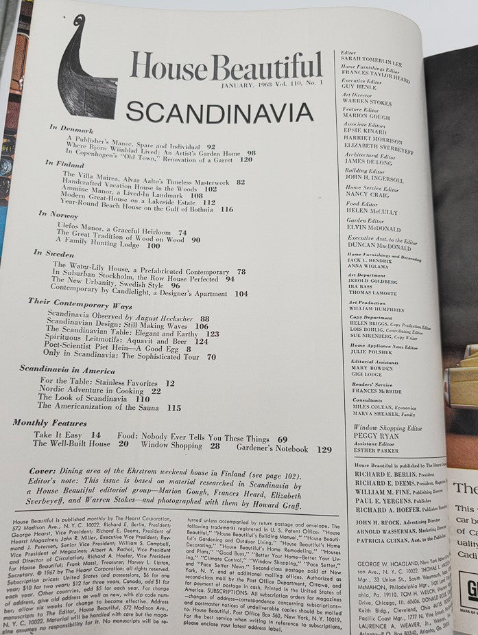 Table of contents from VTG House Beautiful Magazine January 1968 Vol 110 #1, featuring articles on Scandinavian design, cultural insights, and home inspiration, showcasing the interior styles and practical tips of the era.