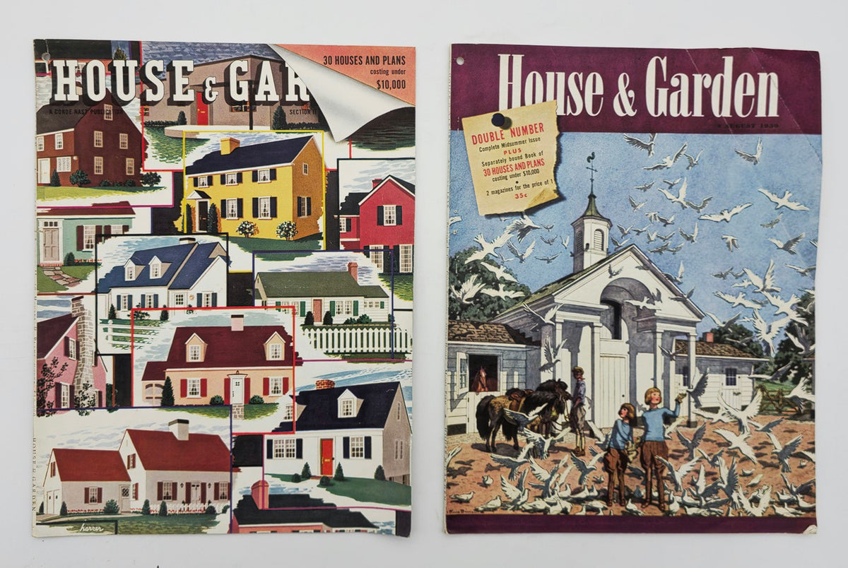 Lot of 2 House & Garden Magazine August 1939 House Portfolio cover featuring colorful illustrations of various homes and gardens, highlighting architectural styles from the late 1930s.