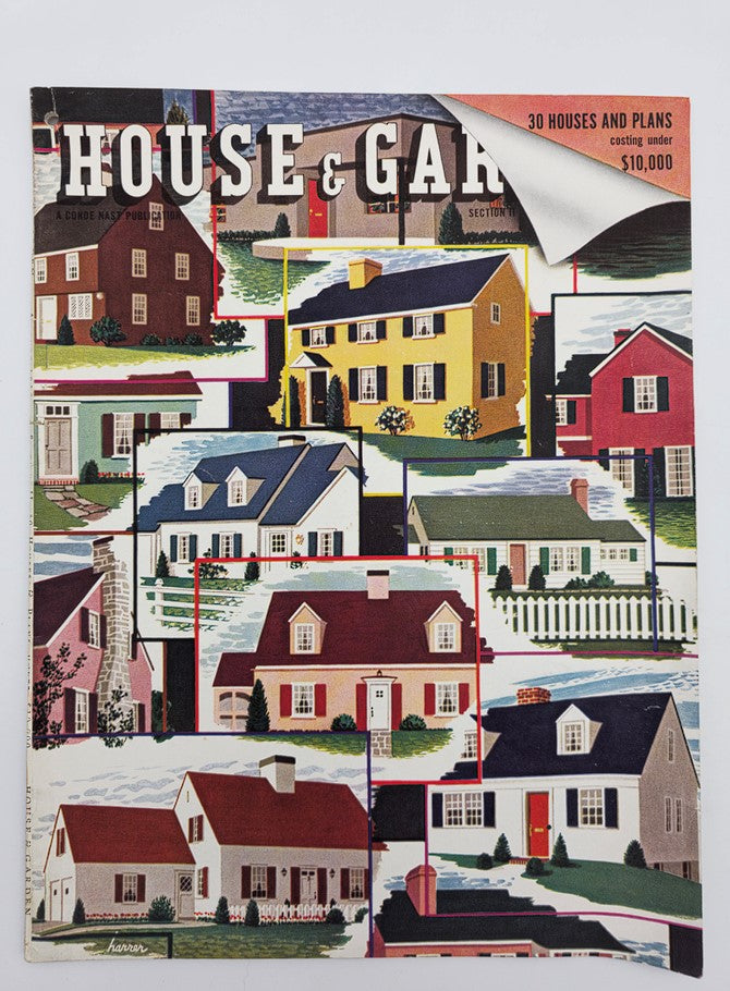 Lot of 2 House & Garden Magazine August 1939 House Portfolio cover showcasing a collage of vintage houses and a striking architectural image, offering insights into mid-20th century home designs.