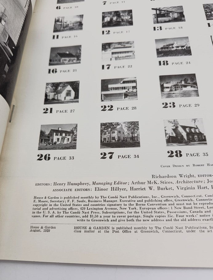 Lot of 2 House & Garden Magazine August 1939 showing the interior page contents, featuring black and white images of houses, including details about articles related to home design and architecture from the era.