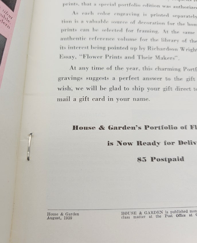 Interior page of House & Garden Magazine from August 1939, detailing a special portfolio edition of flower engravings, part of the Lot of 2 House & Garden Magazine August 1939 House Portfolio.