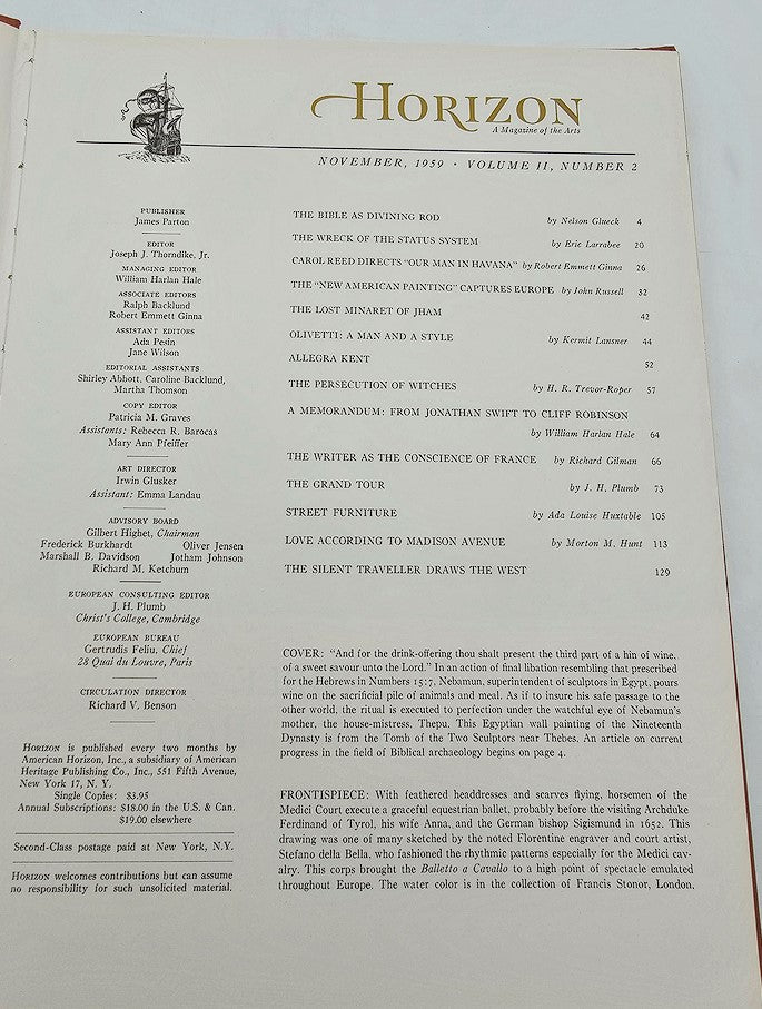 Table of contents from VTG Horizon Magazine of Art November 1959, Volume 11 Issue 2, detailing featured articles and insights about art and history.