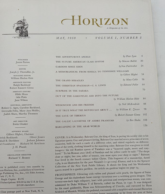 Table of contents page from VTG Horizon Magazine of Art, May 1959, Vol 1 #5 outlining the featured articles.