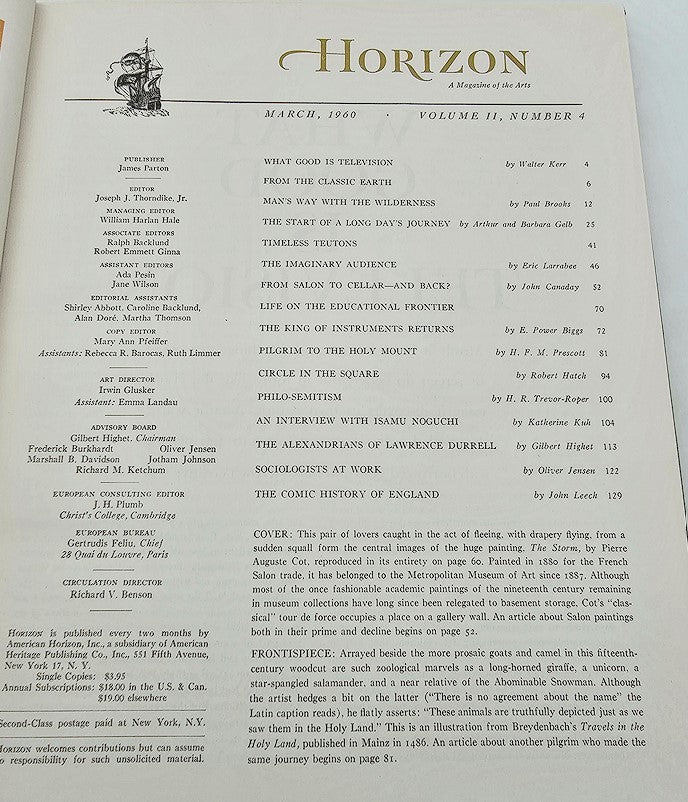 Table of contents page from VTG Horizon Magazine of Art, March 1960, Volume 11, Issue 4, listing various articles and topics related to art and culture.