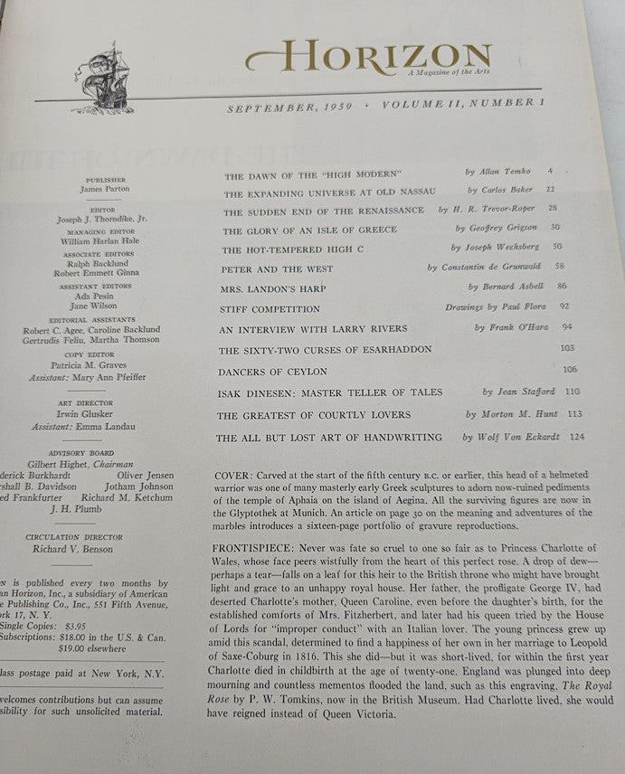 Contents page of the VTG Horizon Magazine of Art for September 1959, listing articles and features of Volume 11 Issue 1.