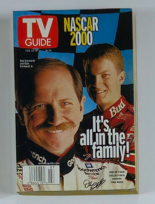 TV Guide Magazine February 12 2000 featuring Dale Earnhardt and Dale Earnhardt Jr. on the cover, showcasing the theme 'It's all in the family!' with NASCAR 2000 context.