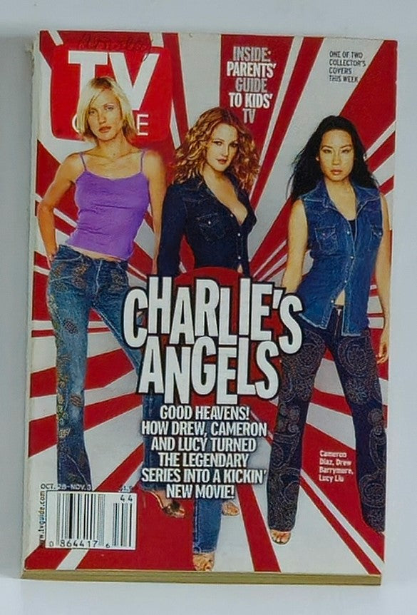 TV Guide Magazine cover from October 28, 2000 featuring Cameron Diaz, Drew Barrymore, and Lucy Liu promoting 'Charlie's Angels,' highlighting the iconic actresses of the early 2000s and the cultural impact of the TV series.