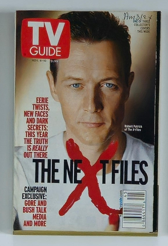 TV Guide Magazine from November 4, 2000, featuring Robert Patrick on the cover, highlighting his role in 'The X-Files'. This vintage magazine reflects early 2000s television culture.