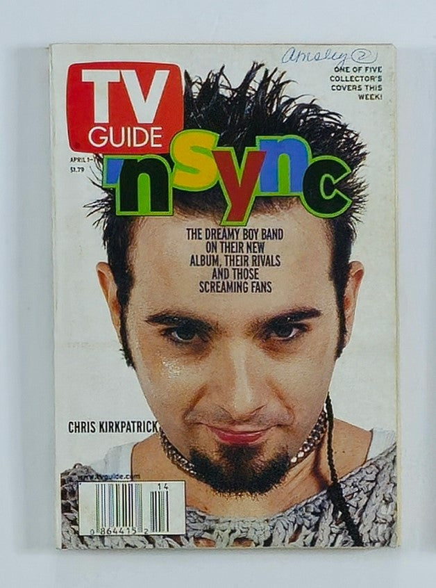 TV Guide Magazine April 1 2000 featuring Chris Kirkpatrick of *NSYNC on the cover, showcasing the pop culture of the early 2000s with a focus on boy bands and teen fandom.