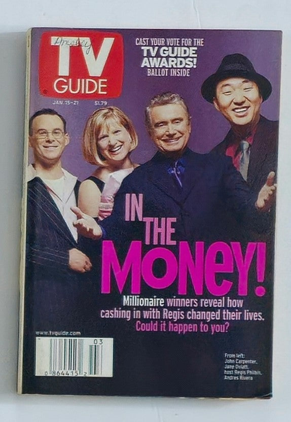 TV Guide Magazine cover from January 15, 2000, featuring John Carpenter, Rochester Edition. This vintage magazine showcases insights into the entertainment industry, highlighting TV listings and cultural significance of the early 2000s.