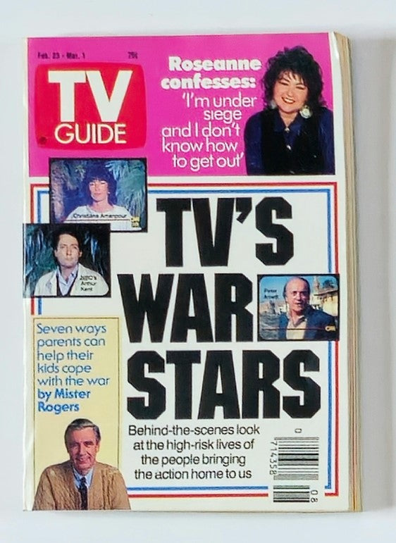 TV Guide Magazine February 23 1991 featuring Roseanne Barr on the cover, with highlights including 'TV's War Stars' and articles about television personalities and topics from the early 90s.