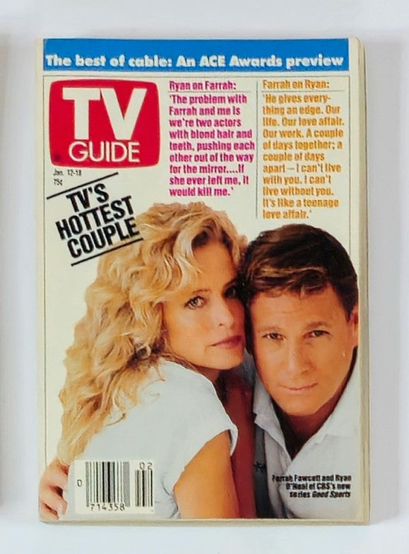 TV Guide Magazine January 12 1991 featuring Farrah Fawcett and Ryan O'Neal on the cover, highlighting them as TV's hottest couple with an engaging quote exchange and promotional details.