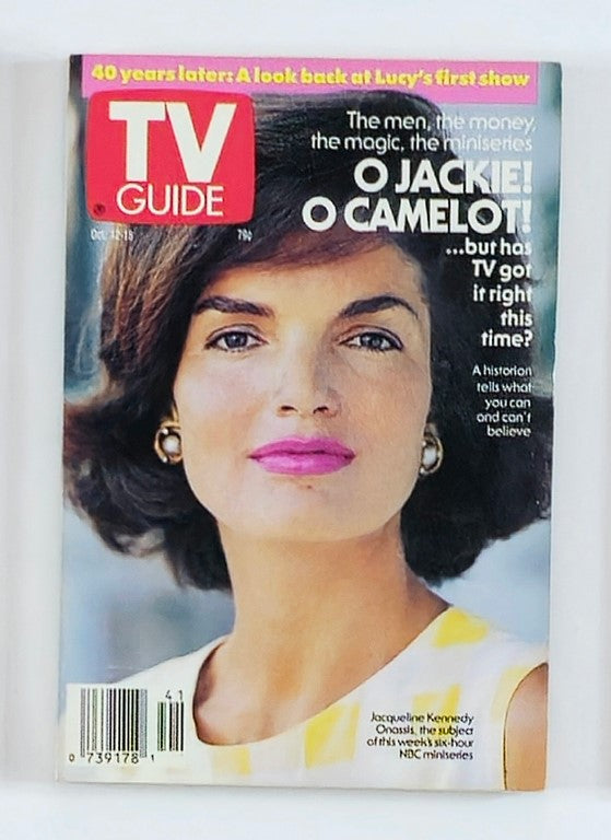 TV Guide Magazine from October 12, 1991, featuring Jacqueline Kennedy Onassis on the cover. The magazine highlights TV programming of the early '90s with the headline 'O Jackie! O Camelot!', showcasing a tribute to this iconic figure in American culture.