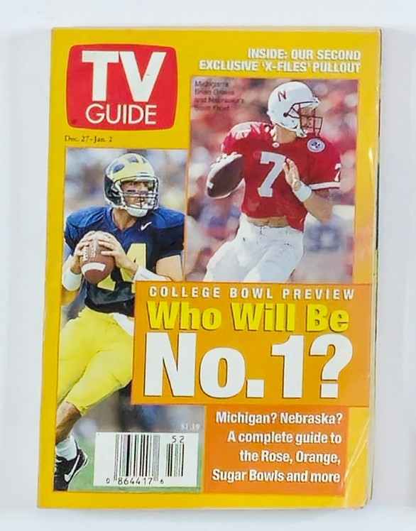 Cover of TV Guide Magazine January 2, 1998, featuring the College Bowl Preview, showcasing college football players and highlighting key bowl games like the Rose, Orange, and Sugar Bowls.