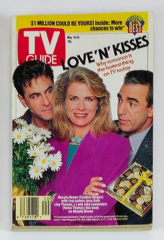 Cover of TV Guide Magazine from May 18, 1991, featuring actress Candice Bergen and co-stars, highlighting the article 'Love 'N' Kisses' that discusses romance on television.