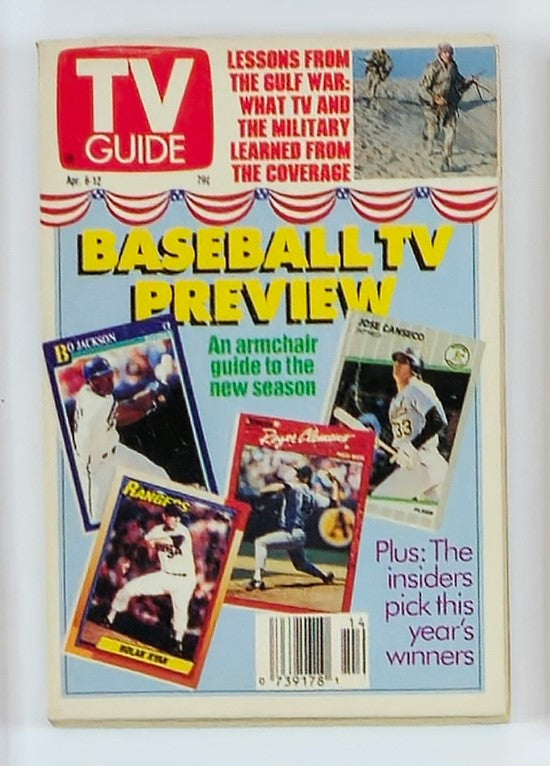TV Guide Magazine from April 6, 1991 featuring cover story on Bo Jackson and Jose Canseco, including baseball TV preview and sports insights.