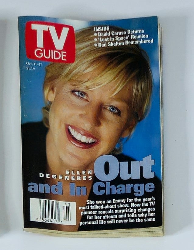 TV Guide Magazine October 11 1997 featuring Ellen DeGeneres on the cover with the title 'Out and In Charge'. The magazine highlights her accomplishments and includes articles on popular television shows of the time.