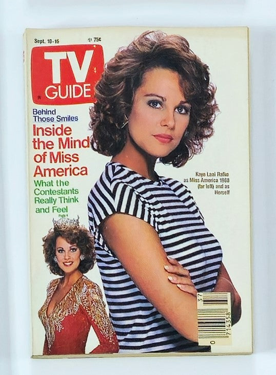 TV Guide Magazine September 10 1988 featuring Kaye Lani Rae Rafko on the cover, showcasing her in a striped top with a glamorous image from Miss America 1988.