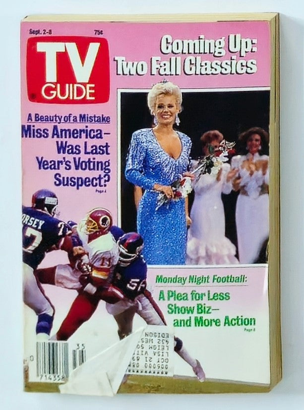 TV Guide Magazine from September 2, 1989 featuring Miss America Gretchen Carlson on the cover, showcasing her in a blue gown surrounded by entertainment highlights and football promotions.